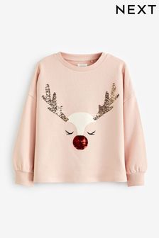 Розовый с оленем - Рождественская футболка с длинными рукавами и пайетками (3-16 лет) (D60516) | €16 - €23