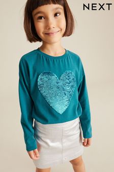 Modrozelená - Long Sleeve Sequin Heart T-shirt (3 – 16 rok.) (D60537) | €15 - €22
