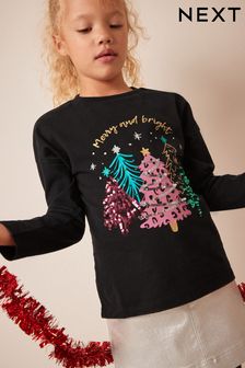 Schwarz - Langärmeliges T-Shirt mit weihnachtlichem Paillettenmuster (3-16yrs) (D60540) | 9 € - 14 €