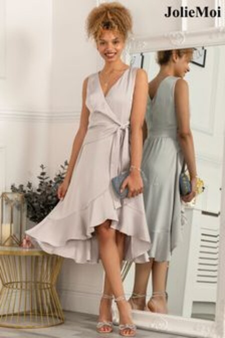 Jolie Moi Silver Sherlyn Wrap Flounce Hem Dress (D60737) | $130