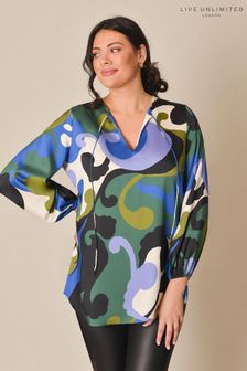 Live Unlimited Blue Curve Swirl Print Woven Top With Blouson Sleeves (D60768) | €38
