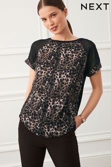 Black/Brown Animal Print Woven Mix Short Sleeve Raglan T-Shirt (D60869) | 31 €