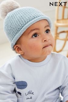 Blue Baby Knitted Pom Hat (0mths-2yrs) (D61198) | kr110