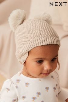 Neutral Knitted Double Pom Baby Hat (0mths-2yrs) (D61203) | CHF 11