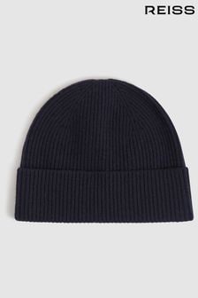 Reiss Navy Chaise Merino Wool Ribbed Beanie Hat (D61617) | $85