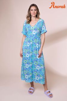Niebieska sukienka midi Anorak Nostalgic Ecovero z krótkim rękawem i kwiatowym nadrukiem (D62867) | 280 zł