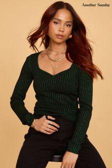 Another Sunday Knitted Metallic Long Sleeved Top With Sweetheart Neckline In Green (D63008) | 49 €