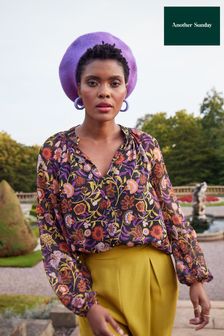 Another Sunday Oversized Button Front Floral Print Blouse In Purple (D63011) | €43