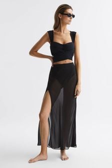 Reiss Black Casey Sheer High Rise Midi Skirt (D63017) | $244