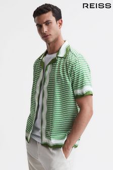 Reiss Green/Ivory Vanpelt Printed Cuban Collar Short Sleeve Shirt (D63026) | 867 QAR
