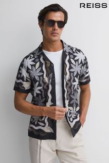 Reiss Black Multi Delphi Linen Floral Cuban Collar Shirt (D63028) | OMR96