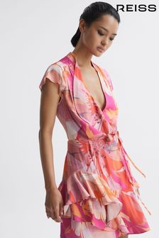 Reiss Pink/Coral Marseille Tropical Print Layered Mini Dress (D63031) | TRY 4.568