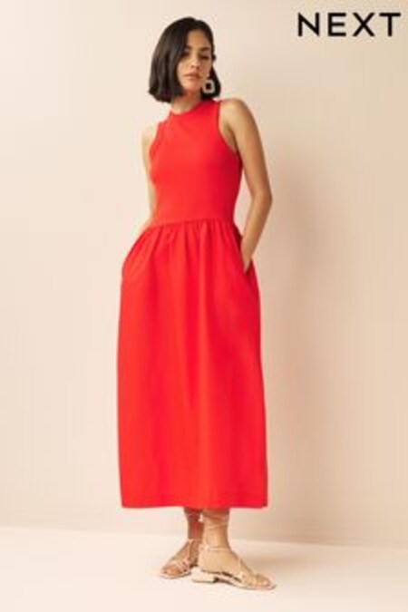 紅色 - 羅紋無袖背心府綢混紡棉混紡中長連身裙 (D63471) | HK$218