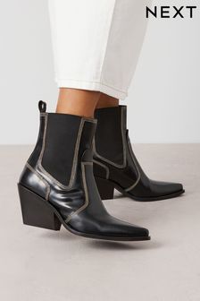 Črna - Usnjeni kavbojski škornji z okrasnimi šivi Forever Comfort® (D63901) | €36