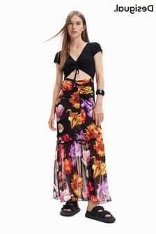 Desigual Sheer Flower Print Black Maxi Dress (D63982) | 454 zł