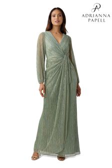 Rochie lungă drapată din Verde Metalic cu plasă Adrianna Papell (D64016) | 1,663 LEI