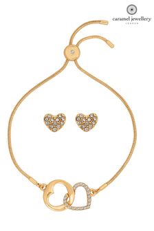 Caramel Jewellery London Gold Tone Entwined Sparkly Heart Charm Bracelet And Earring Set (D64225) | $40