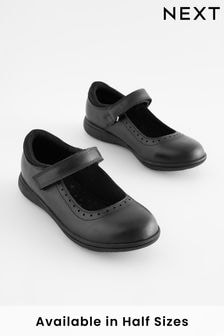 Matt Black Narrow Fit (E) School Leather Brogue Detail Mary Jane Shoes (D64661) | $48 - $63