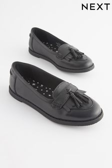 Matt Black Standard Fit (F) School Leather Tassel Loafers (D64990) | $67 - $81