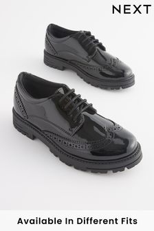 Black Patent Wide Fit (G) School Leather Chunky Lace-Up Brogues (D65038) | $61 - $73