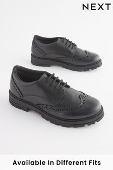Black Wide Fit (G) School Leather Chunky Lace-Up Brogues (D65039) | HK$314 - HK$375