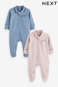 Neutral Baby Collared Sleepsuits 2 Pack (0-18mths) (D65251) | OMR8 - OMR9