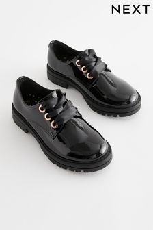 Black Patent Wide Fit (G) School Rose Gold Eyelet Lace Up Shoes (D65274) | $44 - $56