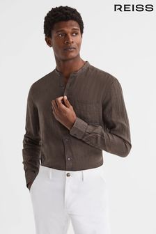 Reiss Chocolate Ocean Linen Grandad Collar Shirt (D65828) | $231