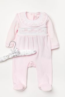 Rock-A-Bye Baby Boutique Pink Velour Sleepsuit with Bow Smocking Detail (D66193) | €22.50
