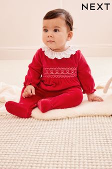 Red Velour Collared Baby Sleepsuit (0mths-3yrs) (D67009) | €17 - €20