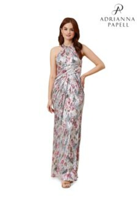Adrianna Papell Silver Foiled Mesh Draped Gown (D67039) | $427