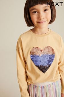 Neutral Long Sleeve Sequin Heart T-Shirt (3-16yrs) (D67125) | SGD 21 - SGD 30