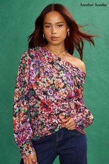 Another Sunday Asymmetric One Shoulder Blouse With Floral Foil Print In Pink