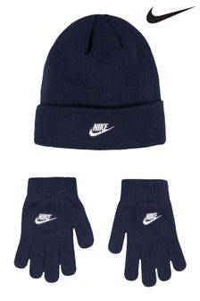 Granatowy - Dzianinowy zestaw dziecięcy Nike Club dla starszych dzieci: czapka beanie i rękawiczki (D67451) | 150 zł