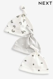 White / Grey 3 Pack Baby Tie Top Hats (0-12mths) (D67550) | ₪ 21