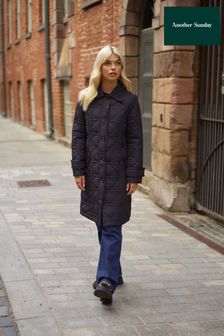 Another Sunday Diamond Quilted Padded Lightweight Midi Coat with Collar In Black