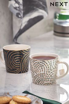 Set of 2 Green Metallic Leaf Patterned Mugs (D67845) | 19 €