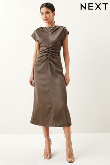 Oyster Gold Ruched Front Satin Dress (D67929) | €25