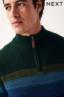 Green Regular Knitted Herringbone Zip Neck Jumper (D68509) | kr421