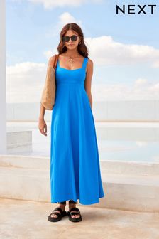 Blue Midi Summer Dress With Linen (D68653) | 189 zł