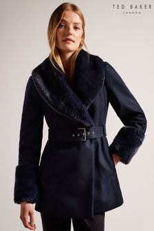 Ted Baker Navy Blue Loleta Belted Faux Fur Collar And Cuffs Coat (D68780) | $397