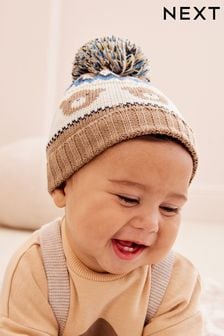 Tan/Ecru Fairisle Bear Knitted Baby Pom Hat (0mths-2yrs) (D68829) | 255 UAH