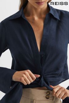 Reiss Navy Dahlia Linen Cropped Tie Front Blouse (D68902) | TRY 4.413