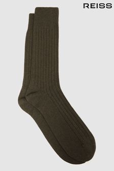 Reiss Khaki Cirby Wool-Cashmere Blend Ribbed Socks (D68925) | AED108