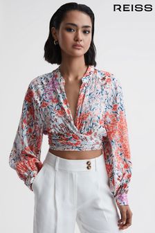 Reiss Coral/White Elle Floral Print Tie Front Cropped Blouse (D68962) | €162