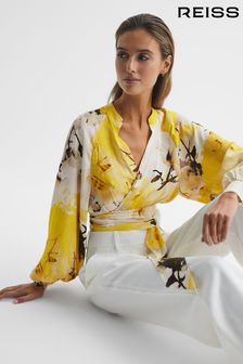 Reiss Yellow Odette Floral Print Cropped Blouse (D68963) | kr2,515