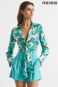 Reiss Aquamarine Dana Floral Print Tie Front Cropped Blouse (D68964) | TRY 3.184
