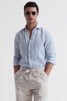 Reiss Soft Blue Herringbone Stripe Ruban Linen Long Sleeve Shirt (D68978) | INR 15,357