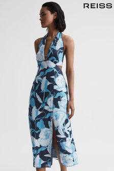 Reiss Navy/Blue Kaia Linen Halter Neck Midi Dress (D68985) | 257 €