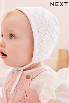 White Delicate Knitted Baby Bonnet Hat (0mths-2yrs) (D69009) | AED23